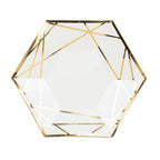 25 - Pack Paper 9" Hexagon Dinner Plates in White with Gold Geometric Lines & Rim - Bell Racket Store