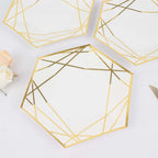 25 - Pack Paper 9" Hexagon Dinner Plates in White with Gold Geometric Lines & Rim - Bell Racket Store