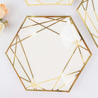 25 - Pack Paper 9" Hexagon Dinner Plates in White with Gold Geometric Lines & Rim - Bell Racket Store