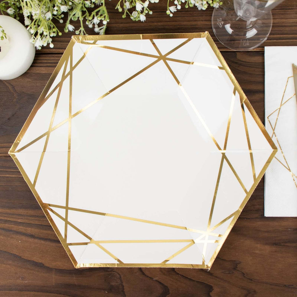 25 - Pack Paper 9" Hexagon Dinner Plates in White with Gold Geometric Lines & Rim - Bell Racket Store