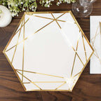 25 - Pack Paper 9" Hexagon Dinner Plates in White with Gold Geometric Lines & Rim - Bell Racket Store