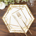 25 - Pack Paper 9" Hexagon Dinner Plates in White with Gold Geometric Lines & Rim - Bell Racket Store