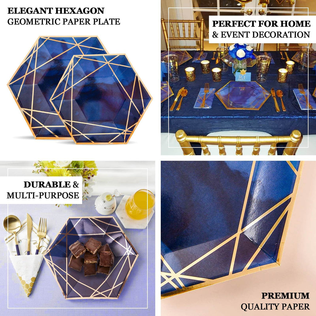 25 - Pack Paper 9" Hexagon Dinner Plates in White with Gold Geometric Lines & Rim - Bell Racket Store