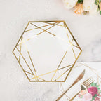 25 - Pack Paper 9" Hexagon Dinner Plates in White with Gold Geometric Lines & Rim - Bell Racket Store
