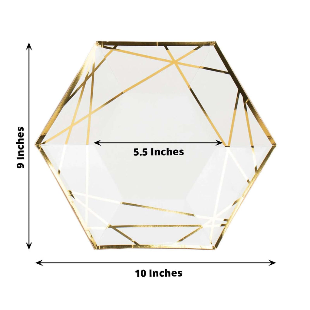 25 - Pack Paper 9" Hexagon Dinner Plates in White with Gold Geometric Lines & Rim - Bell Racket Store
