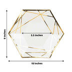 25 - Pack Paper 9" Hexagon Dinner Plates in White with Gold Geometric Lines & Rim - Bell Racket Store