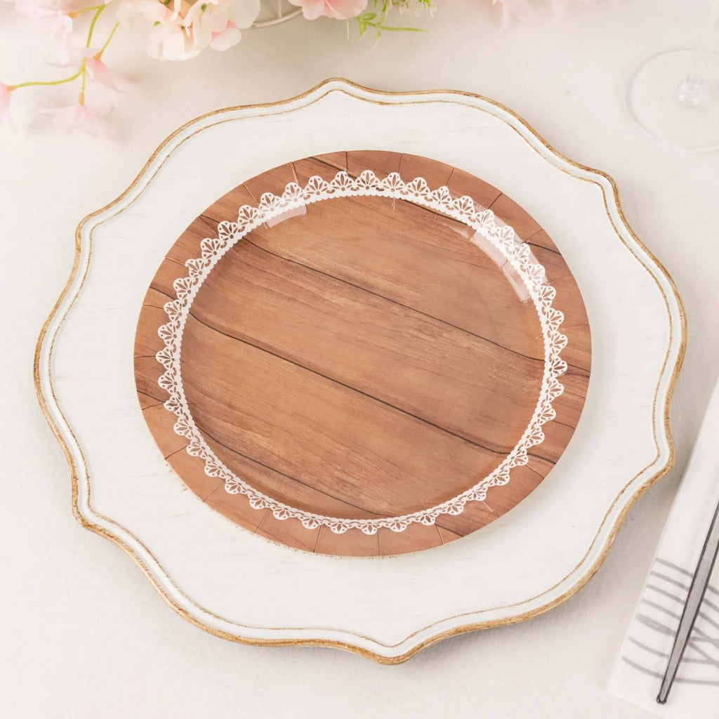 25 - Pack Paper 9" Round Dinner Plates in Brown Wood Grain Print with White Floral Lace Rim - Disposable Party Plates for Rustic Farmhouse Style Events - Bell Racket Store