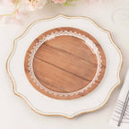 25 - Pack Paper 9" Round Dinner Plates in Brown Wood Grain Print with White Floral Lace Rim - Disposable Party Plates for Rustic Farmhouse Style Events - Bell Racket Store