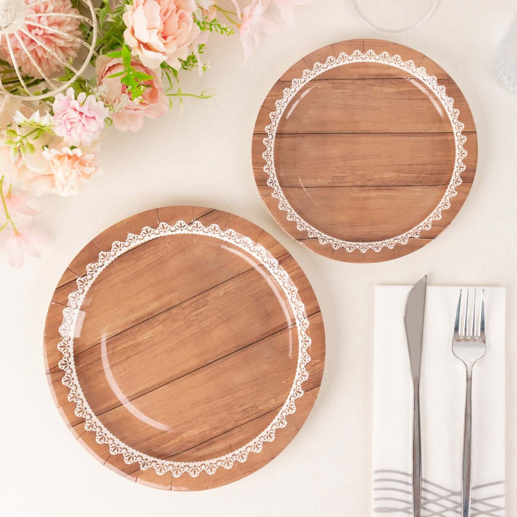 25 - Pack Paper 9" Round Dinner Plates in Brown Wood Grain Print with White Floral Lace Rim - Disposable Party Plates for Rustic Farmhouse Style Events - Bell Racket Store