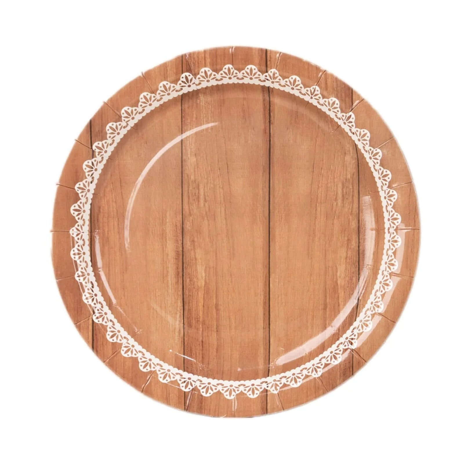 25 - Pack Paper 9" Round Dinner Plates in Brown Wood Grain Print with White Floral Lace Rim - Disposable Party Plates for Rustic Farmhouse Style Events - Bell Racket Store
