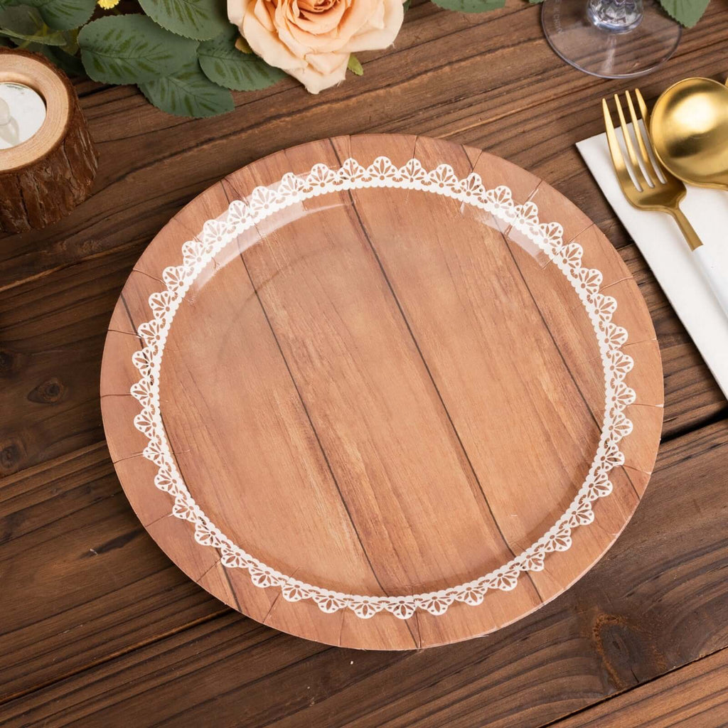 25 - Pack Paper 9" Round Dinner Plates in Brown Wood Grain Print with White Floral Lace Rim - Disposable Party Plates for Rustic Farmhouse Style Events - Bell Racket Store