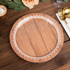 25 - Pack Paper 9" Round Dinner Plates in Brown Wood Grain Print with White Floral Lace Rim - Disposable Party Plates for Rustic Farmhouse Style Events - Bell Racket Store