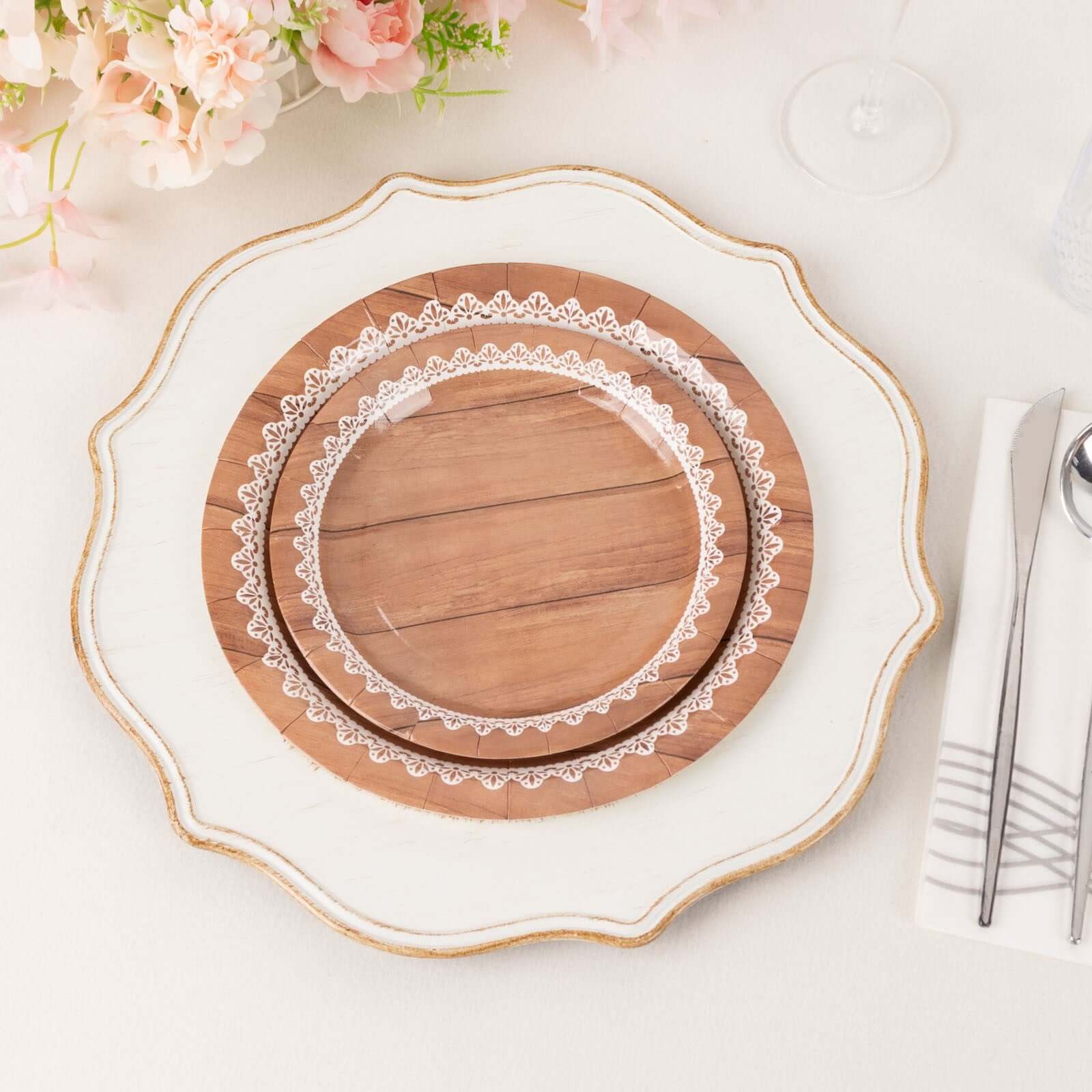 25 - Pack Paper 9" Round Dinner Plates in Brown Wood Grain Print with White Floral Lace Rim - Disposable Party Plates for Rustic Farmhouse Style Events - Bell Racket Store