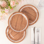 25 - Pack Paper 9" Round Dinner Plates in Brown Wood Grain Print with White Floral Lace Rim - Disposable Party Plates for Rustic Farmhouse Style Events - Bell Racket Store
