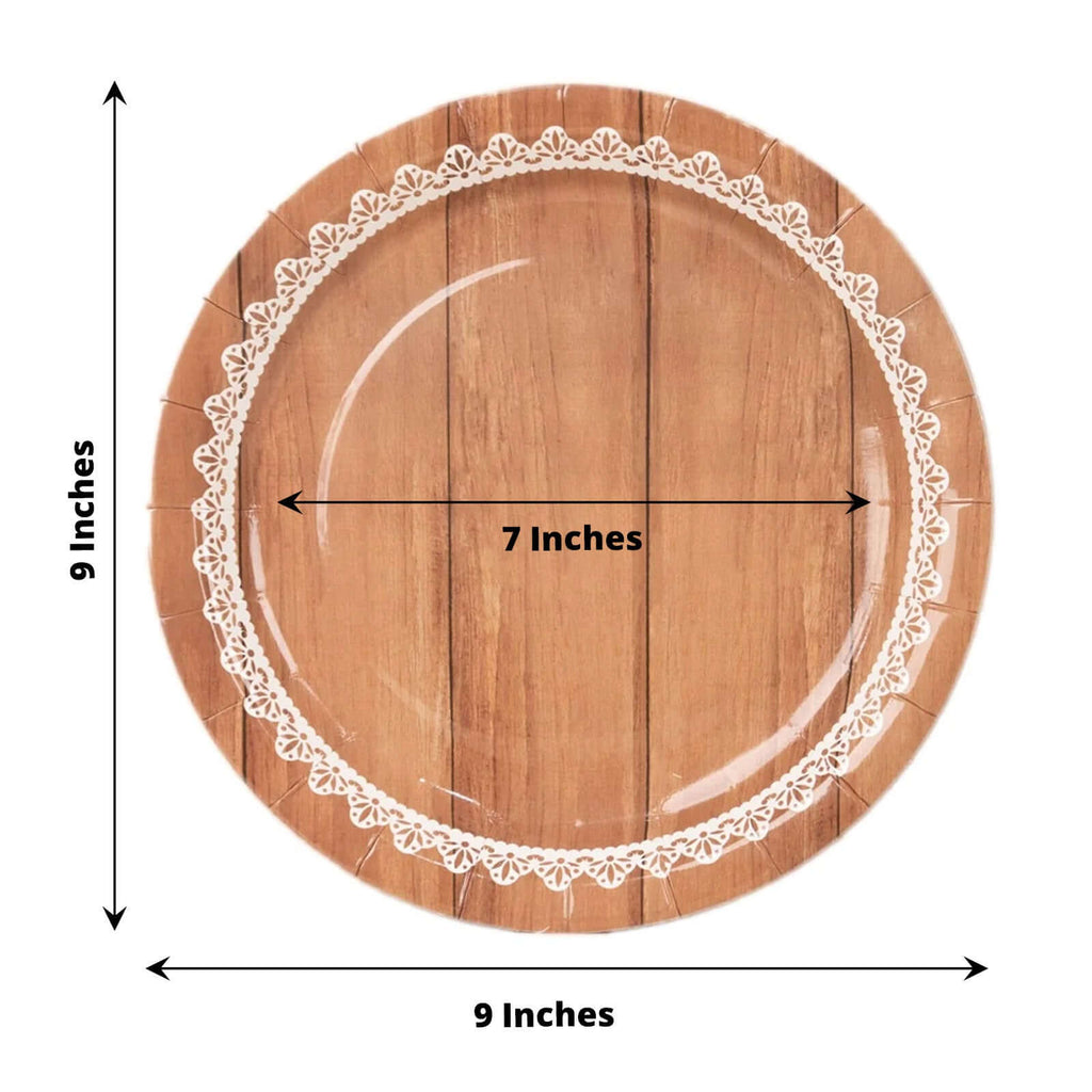 25 - Pack Paper 9" Round Dinner Plates in Brown Wood Grain Print with White Floral Lace Rim - Disposable Party Plates for Rustic Farmhouse Style Events - Bell Racket Store