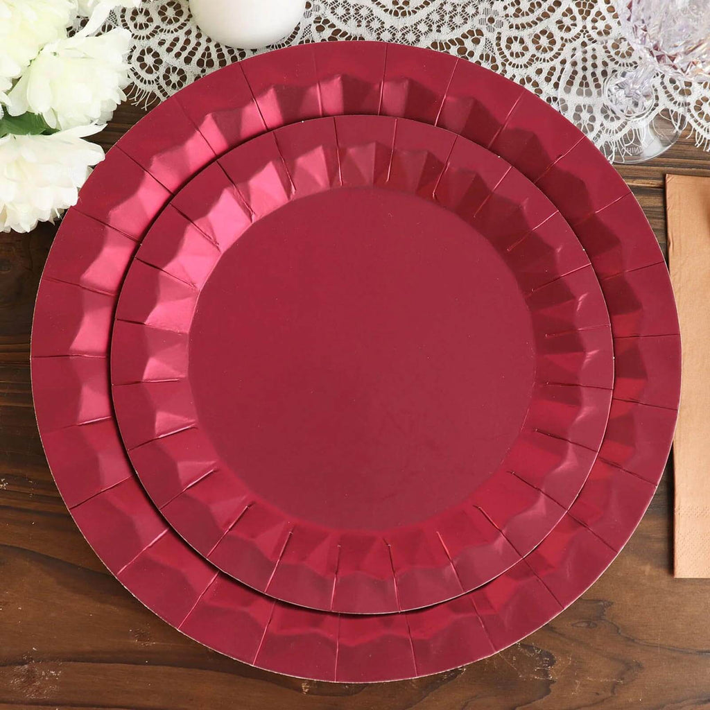 25 - Pack Paper 9" Round Dinner Plates in Burgundy with Geometric Prism Rim - Disposable 400GSM Party Plates - Bell Racket Store