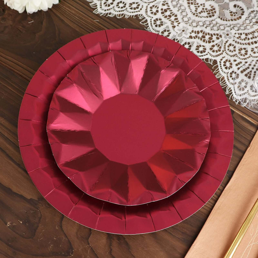25 - Pack Paper 9" Round Dinner Plates in Burgundy with Geometric Prism Rim - Disposable 400GSM Party Plates - Bell Racket Store