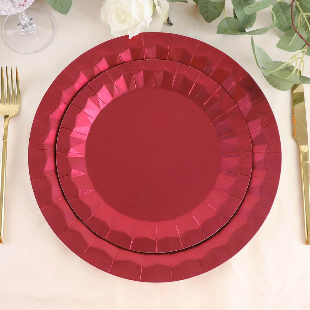 25 - Pack Paper 9" Round Dinner Plates in Burgundy with Geometric Prism Rim - Disposable 400GSM Party Plates - Bell Racket Store