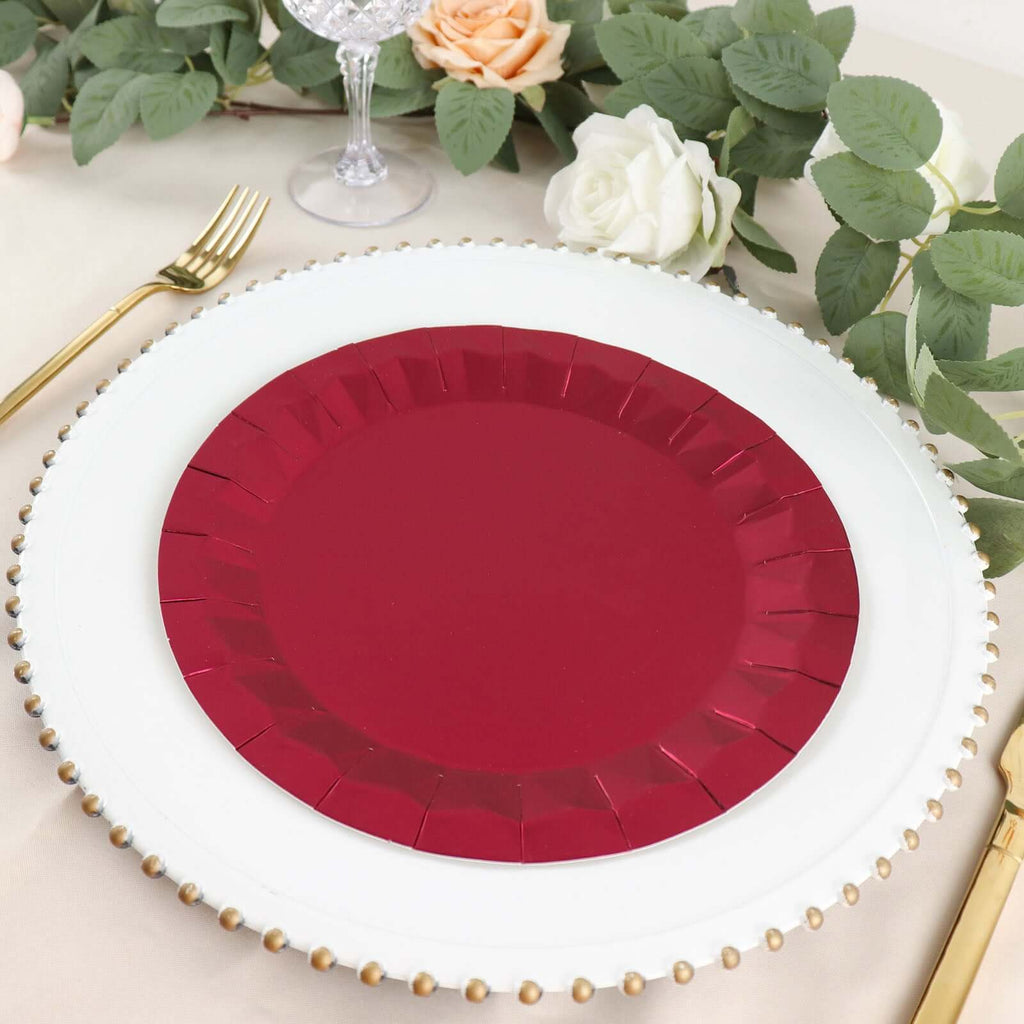 25 - Pack Paper 9" Round Dinner Plates in Burgundy with Geometric Prism Rim - Disposable 400GSM Party Plates - Bell Racket Store