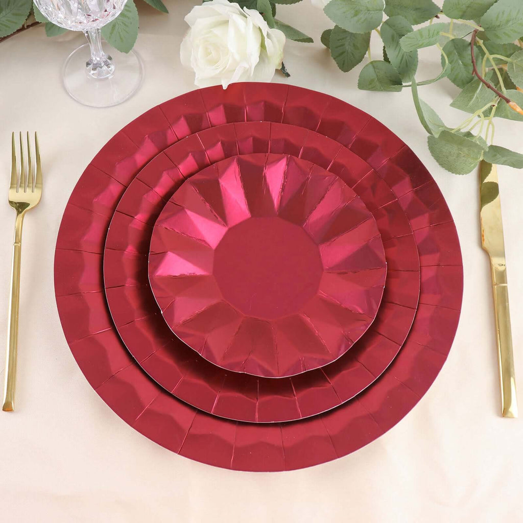 25 - Pack Paper 9" Round Dinner Plates in Burgundy with Geometric Prism Rim - Disposable 400GSM Party Plates - Bell Racket Store