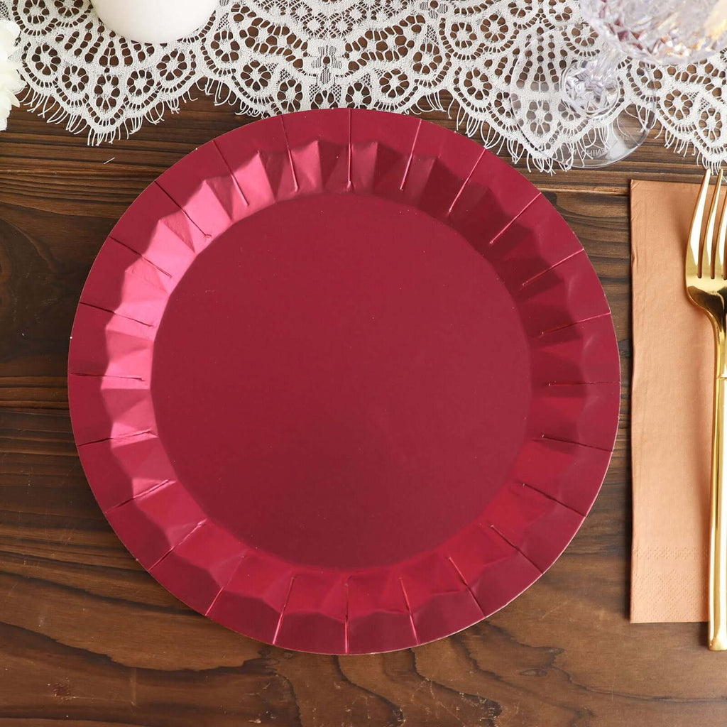 25 - Pack Paper 9" Round Dinner Plates in Burgundy with Geometric Prism Rim - Disposable 400GSM Party Plates - Bell Racket Store