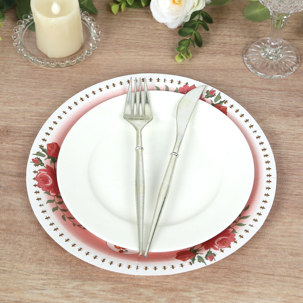 25 - Pack Paper 9" Round Dinner Plates in Dusty Rose with Vintage Rose Flower Print - Disposable Plates - Bell Racket Store