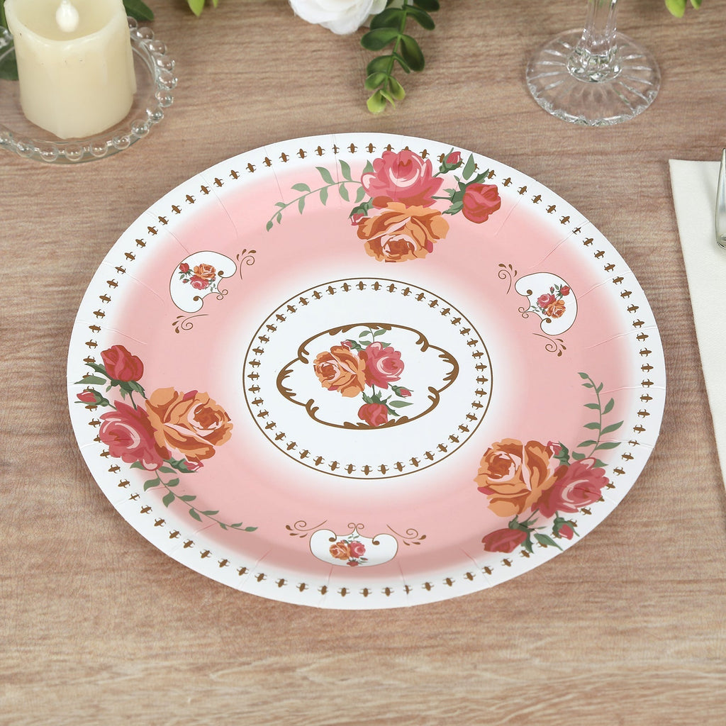 25 - Pack Paper 9" Round Dinner Plates in Dusty Rose with Vintage Rose Flower Print - Disposable Plates - Bell Racket Store