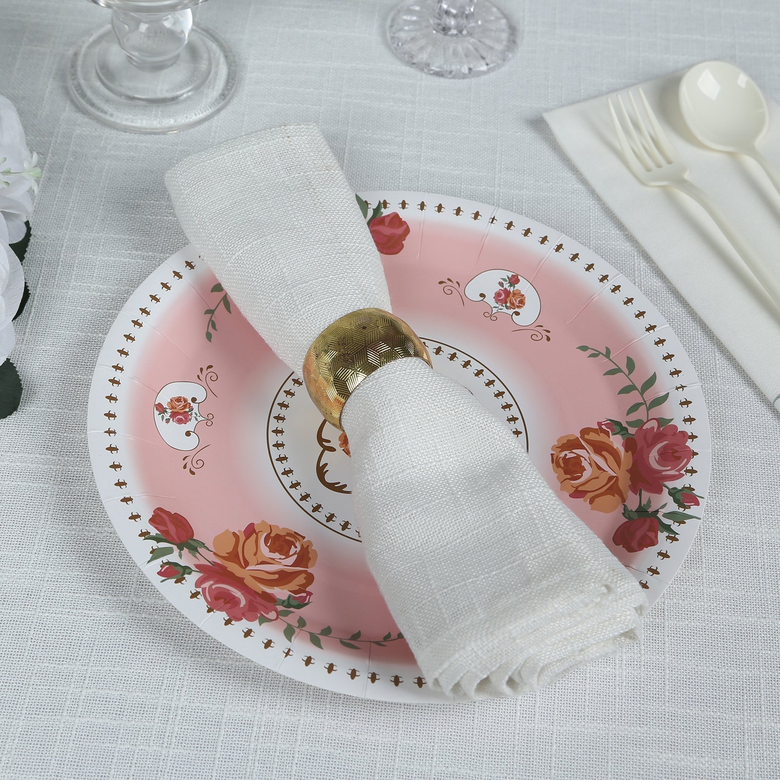 25 - Pack Paper 9" Round Dinner Plates in Dusty Rose with Vintage Rose Flower Print - Disposable Plates - Bell Racket Store