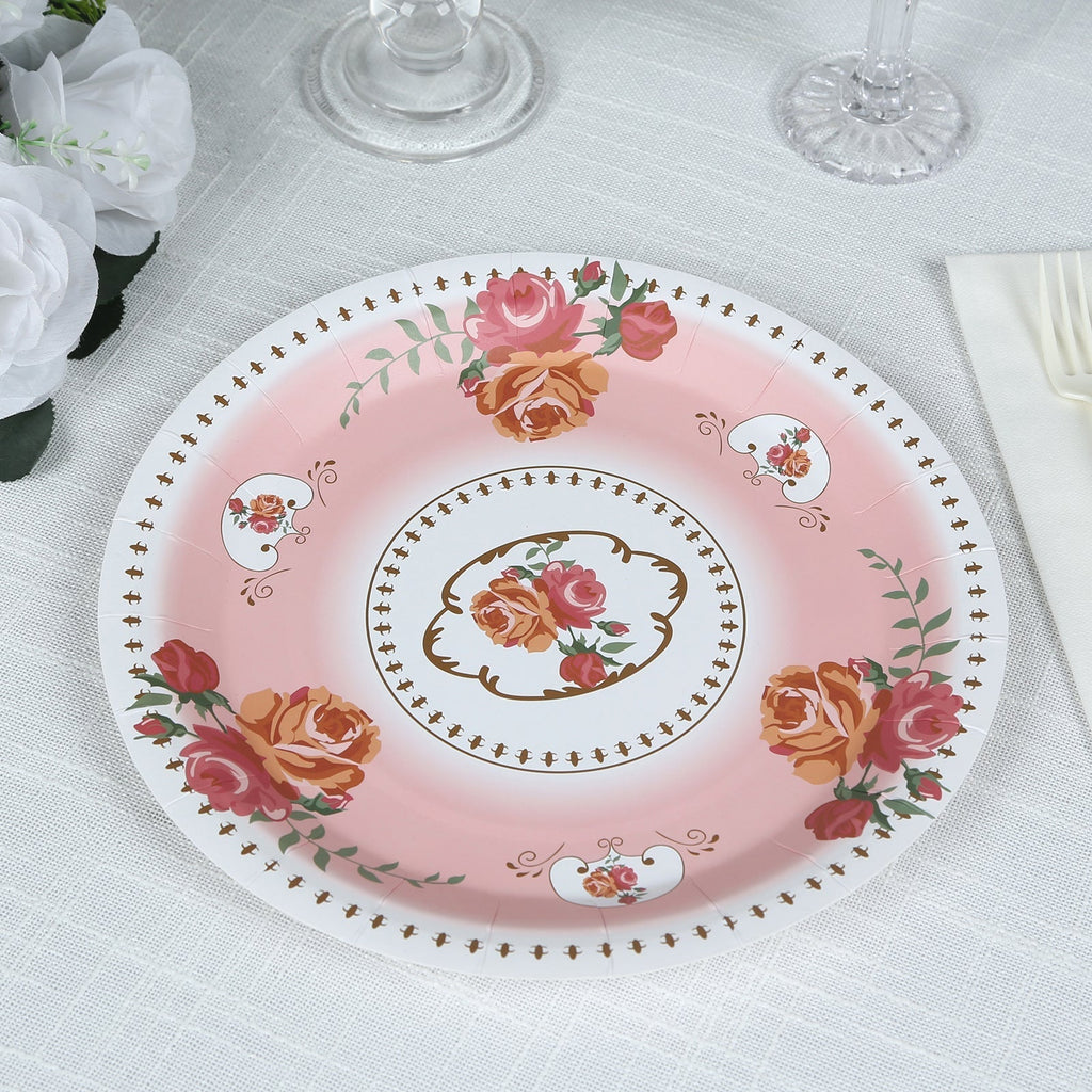 25 - Pack Paper 9" Round Dinner Plates in Dusty Rose with Vintage Rose Flower Print - Disposable Plates - Bell Racket Store