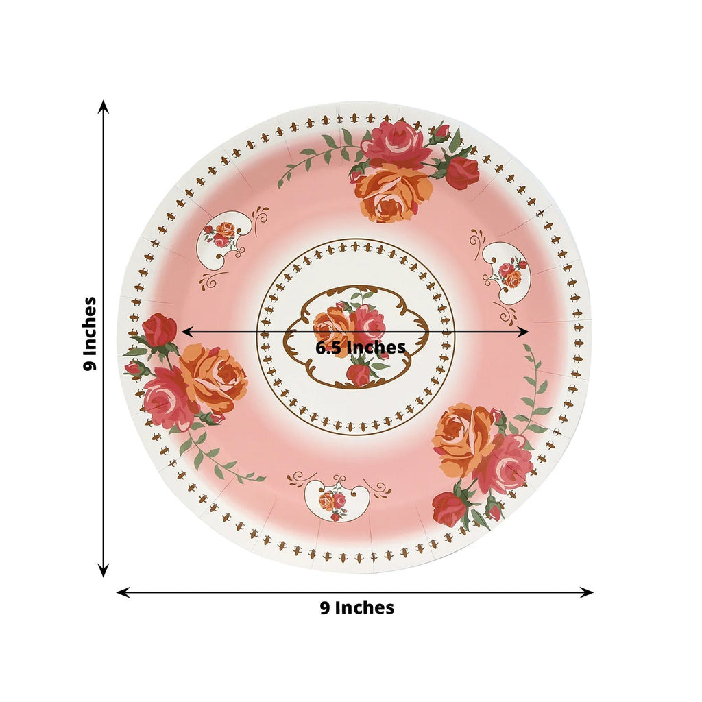 25 - Pack Paper 9" Round Dinner Plates in Dusty Rose with Vintage Rose Flower Print - Disposable Plates - Bell Racket Store