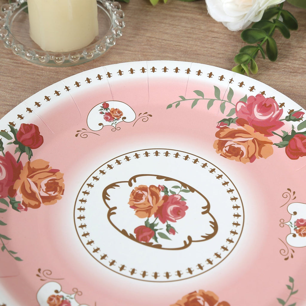25 - Pack Paper 9" Round Dinner Plates in Dusty Rose with Vintage Rose Flower Print - Disposable Plates - Bell Racket Store