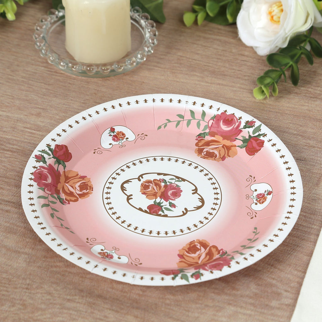 25 - Pack Paper 9" Round Dinner Plates in Dusty Rose with Vintage Rose Flower Print - Disposable Plates - Bell Racket Store