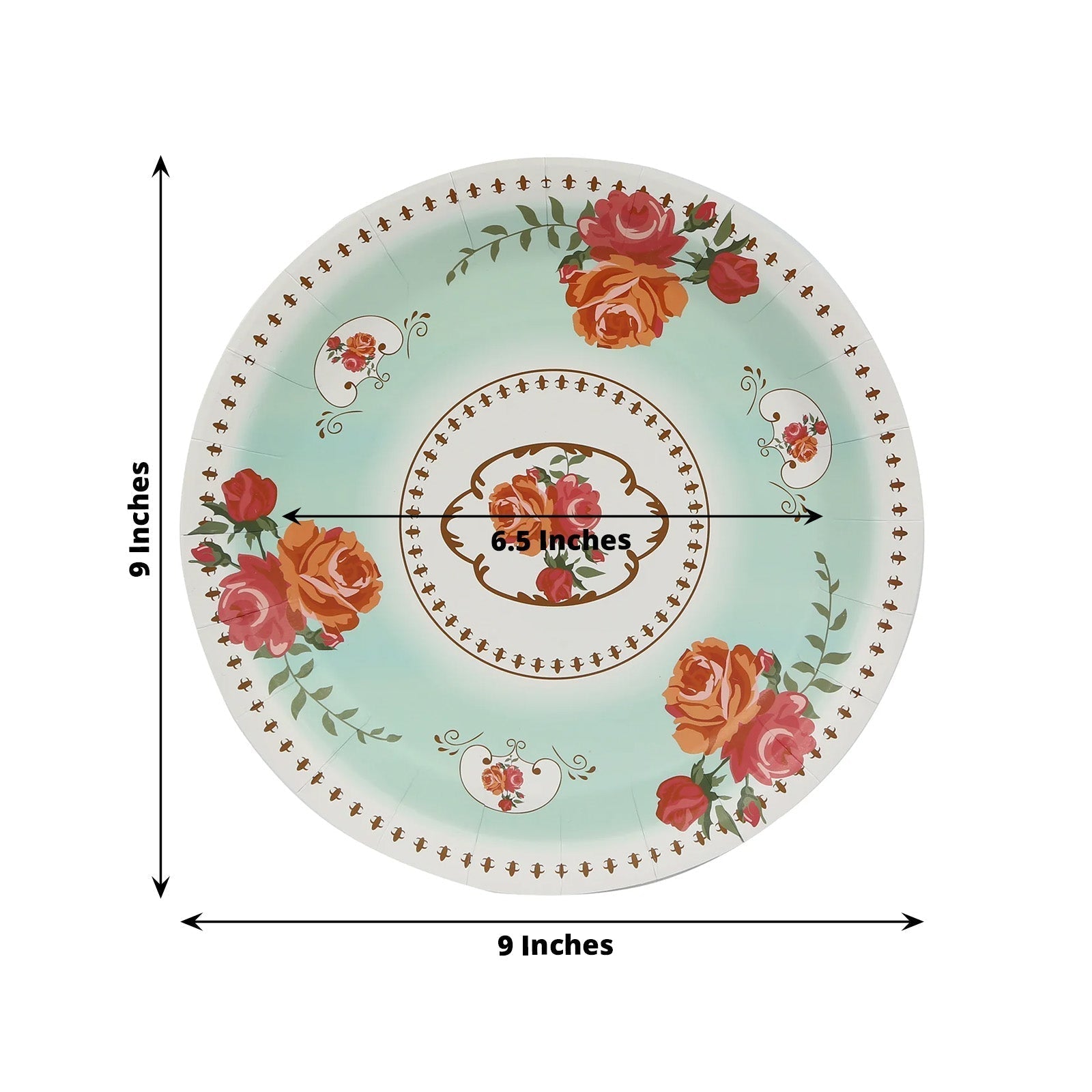 25 - Pack Paper 9" Round Dinner Plates in Light Turquoise with Vintage Rose Flower Print - Bell Racket Store