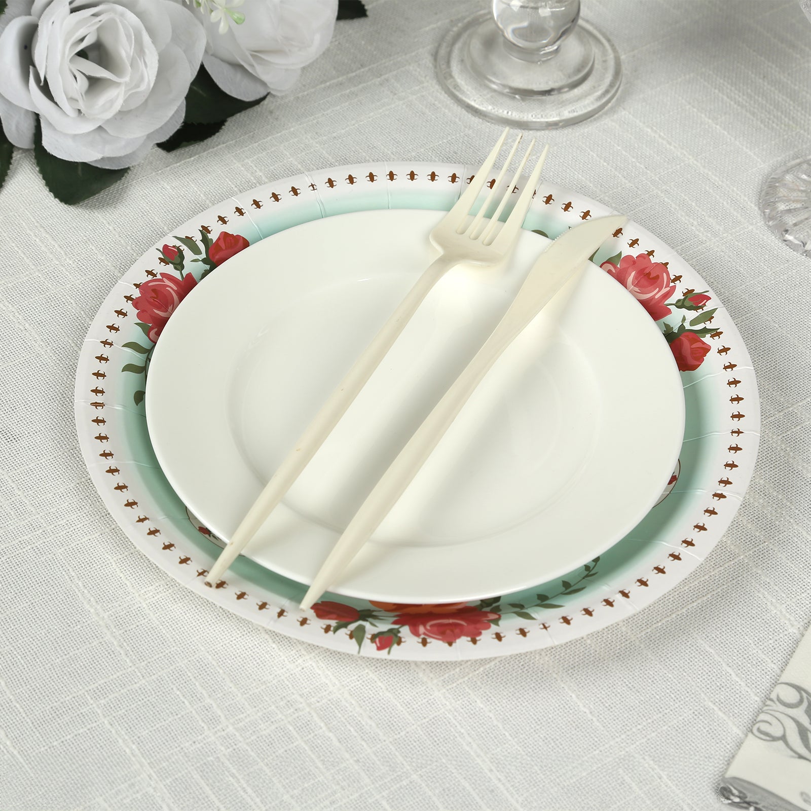 25 - Pack Paper 9" Round Dinner Plates in Light Turquoise with Vintage Rose Flower Print - Bell Racket Store