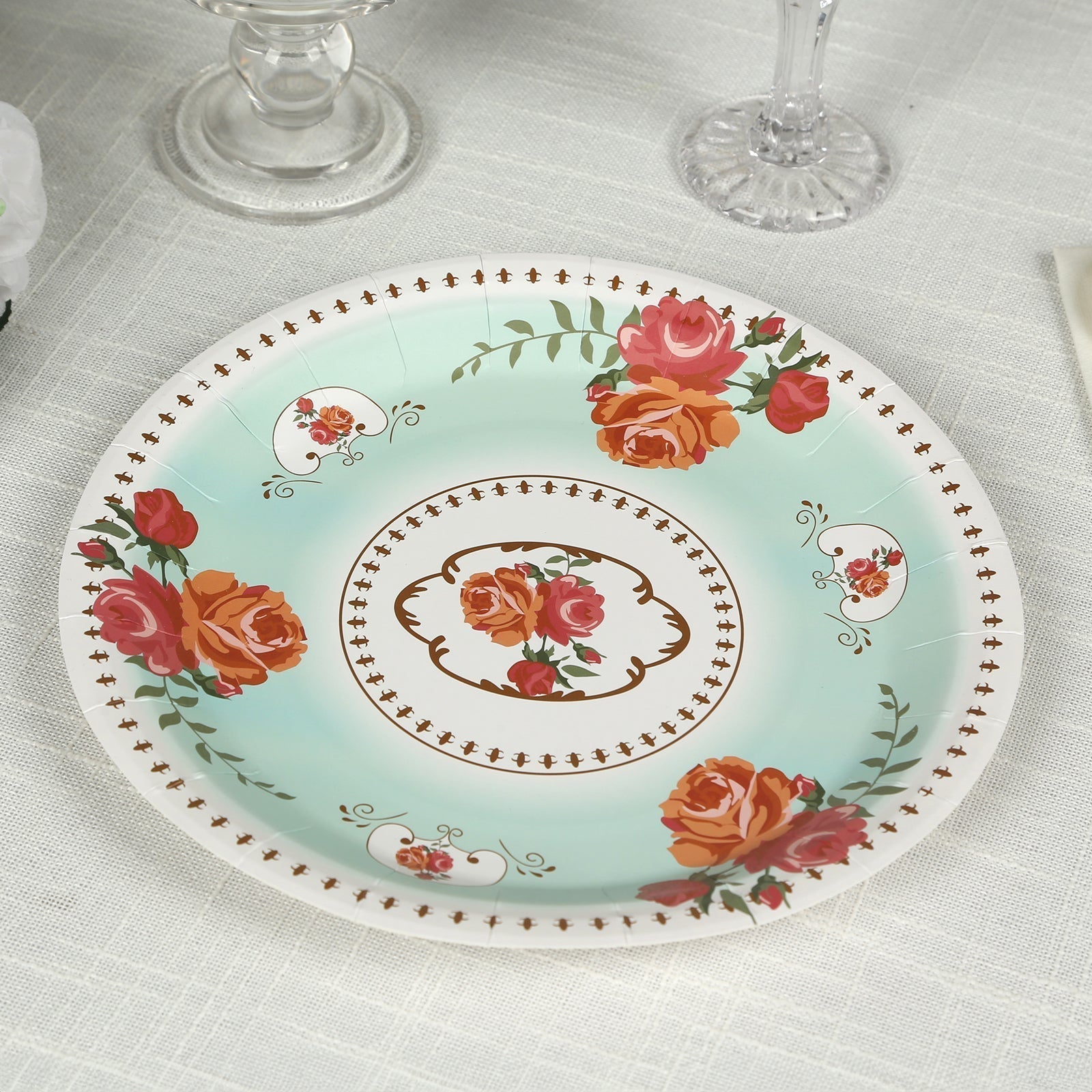 25 - Pack Paper 9" Round Dinner Plates in Light Turquoise with Vintage Rose Flower Print - Bell Racket Store