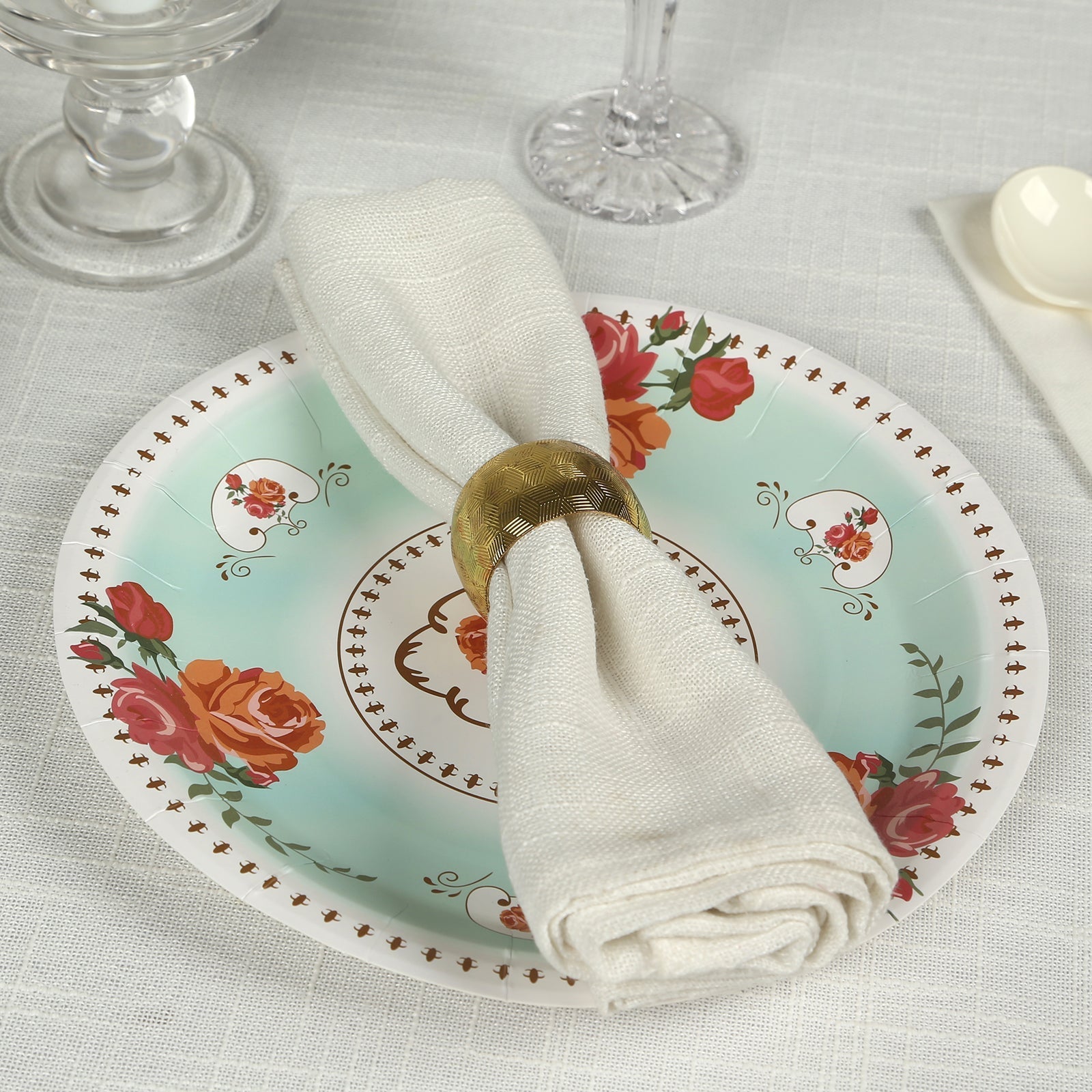 25 - Pack Paper 9" Round Dinner Plates in Light Turquoise with Vintage Rose Flower Print - Bell Racket Store