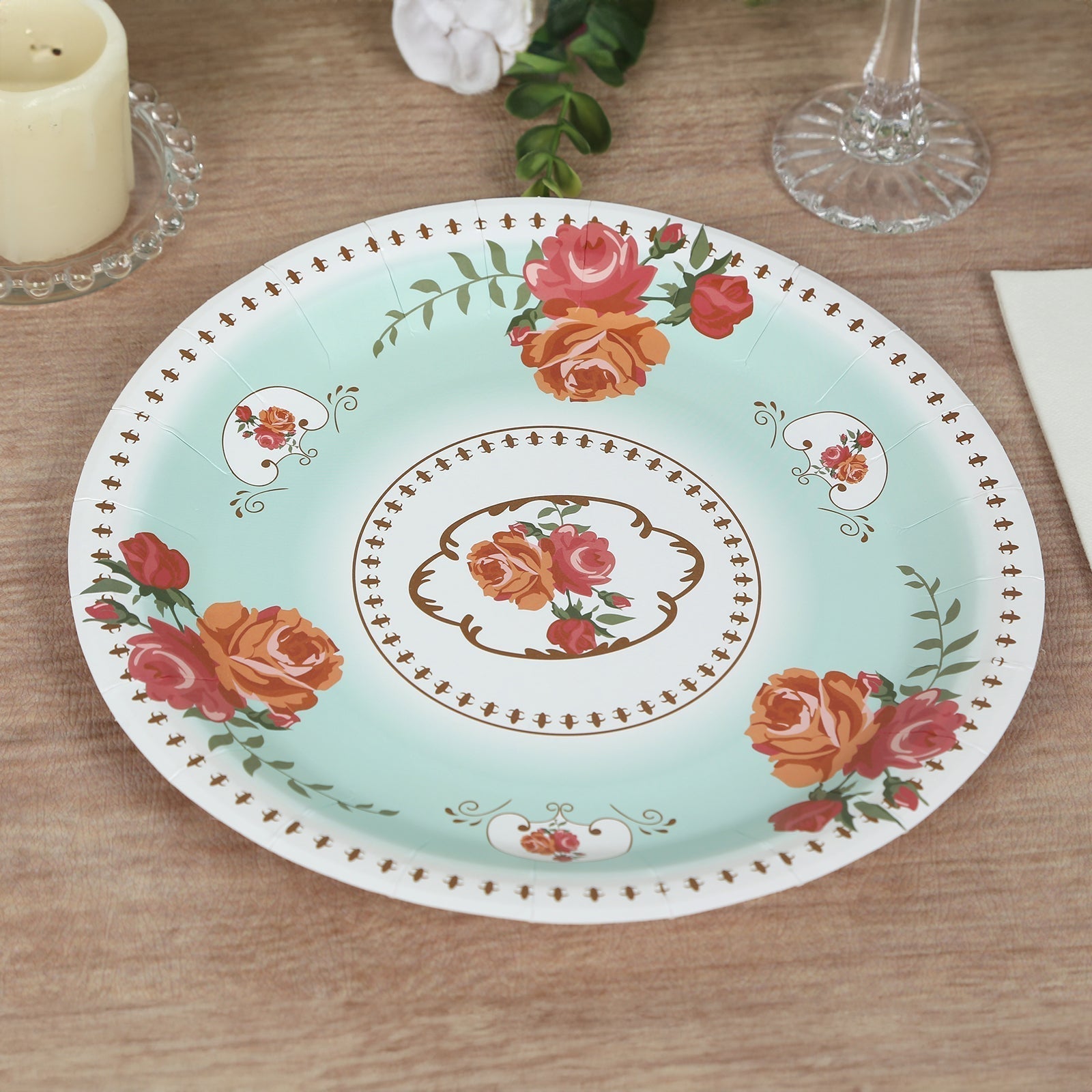 25 - Pack Paper 9" Round Dinner Plates in Light Turquoise with Vintage Rose Flower Print - Bell Racket Store