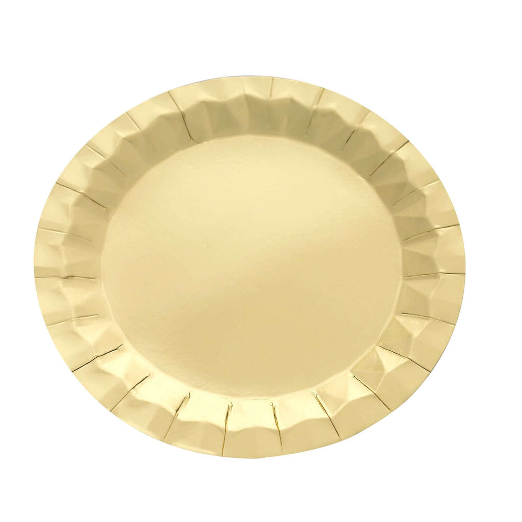 25 - Pack Paper 9" Round Dinner Plates in Metallic Gold with Geometric Prism Rim - Disposable 400GSM Party Plates for Banquets & Celebrations - Bell Racket Store