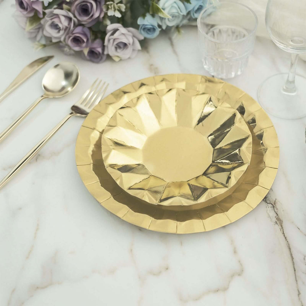 25 - Pack Paper 9" Round Dinner Plates in Metallic Gold with Geometric Prism Rim - Disposable 400GSM Party Plates for Banquets & Celebrations - Bell Racket Store