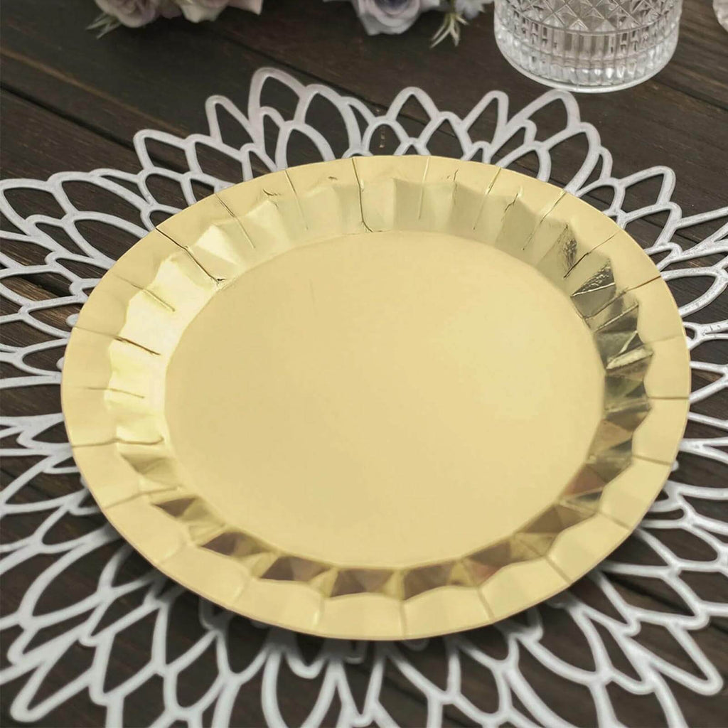25 - Pack Paper 9" Round Dinner Plates in Metallic Gold with Geometric Prism Rim - Disposable 400GSM Party Plates for Banquets & Celebrations - Bell Racket Store