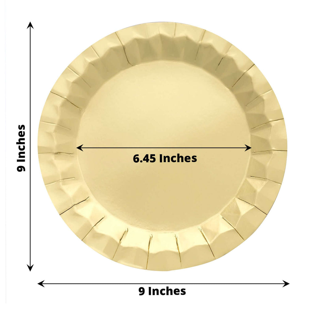 25 - Pack Paper 9" Round Dinner Plates in Metallic Gold with Geometric Prism Rim - Disposable 400GSM Party Plates for Banquets & Celebrations - Bell Racket Store