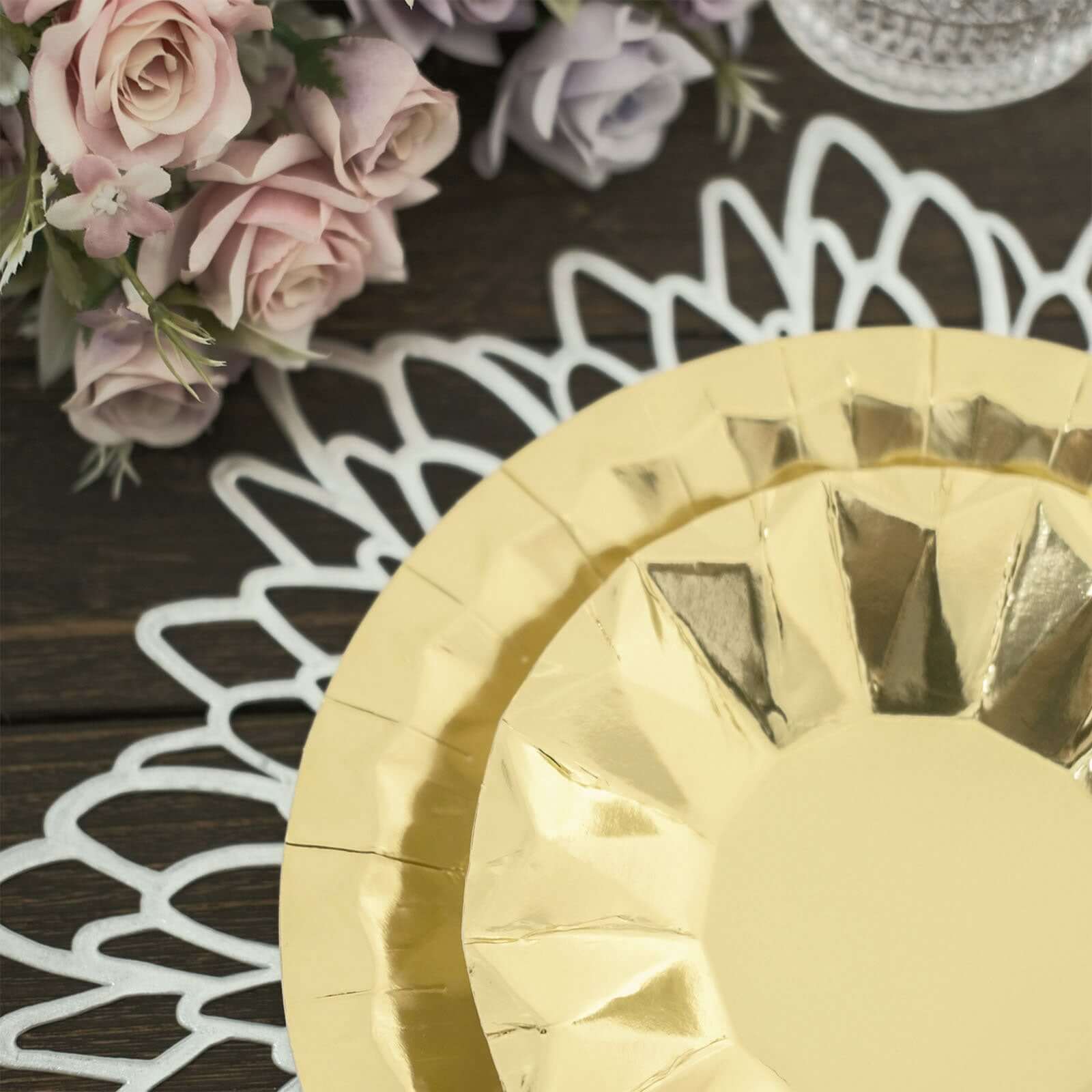 25 - Pack Paper 9" Round Dinner Plates in Metallic Gold with Geometric Prism Rim - Disposable 400GSM Party Plates for Banquets & Celebrations - Bell Racket Store