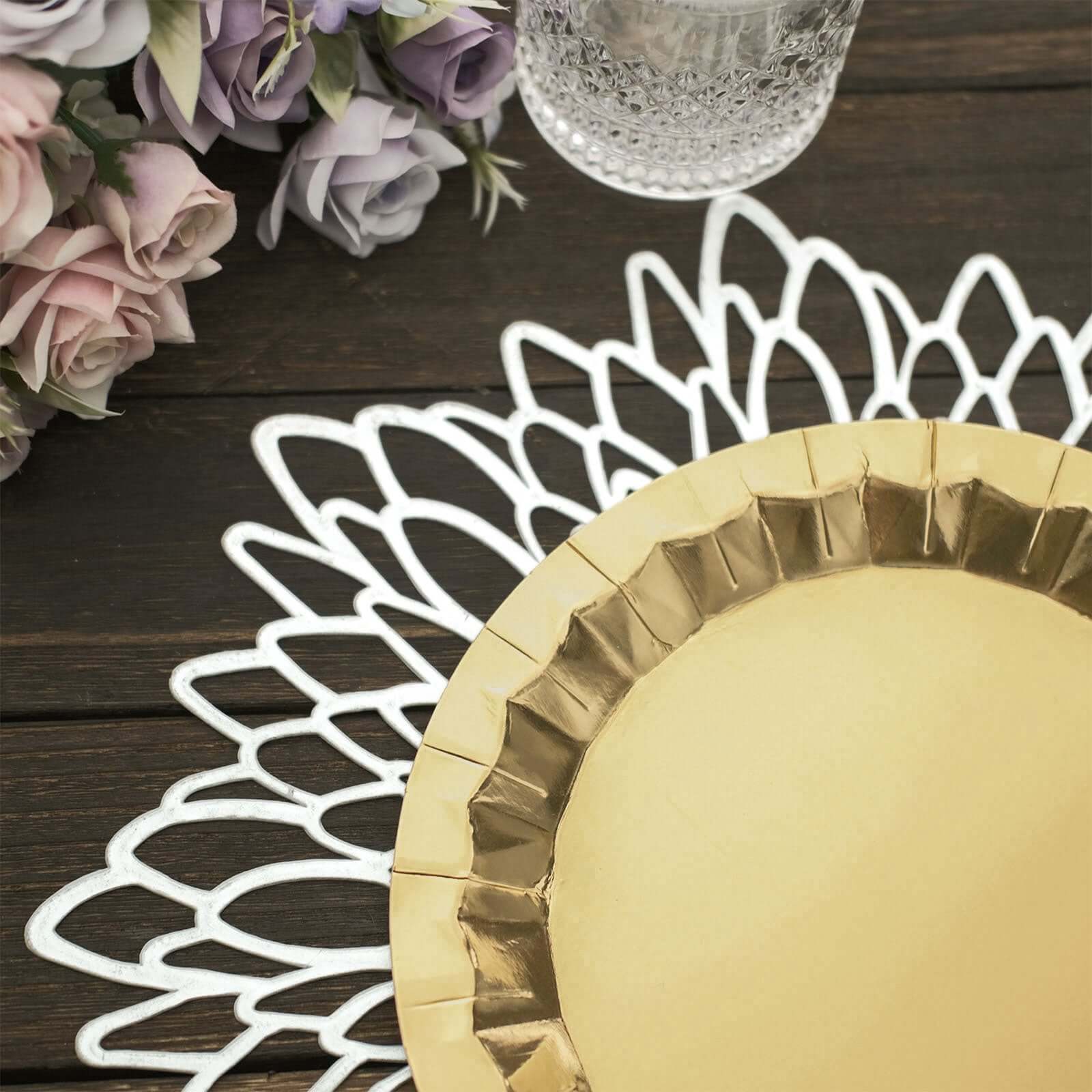 25 - Pack Paper 9" Round Dinner Plates in Metallic Gold with Geometric Prism Rim - Disposable 400GSM Party Plates for Banquets & Celebrations - Bell Racket Store