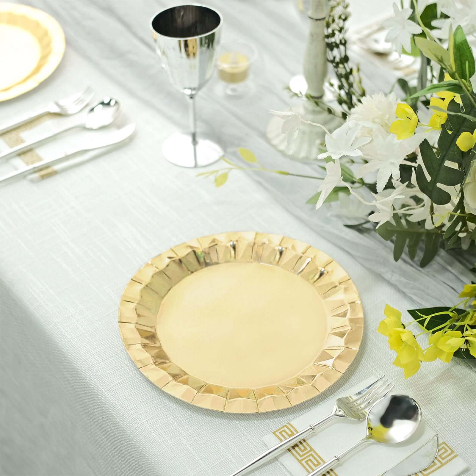 25 - Pack Paper 9" Round Dinner Plates in Metallic Gold with Geometric Prism Rim - Disposable 400GSM Party Plates for Banquets & Celebrations - Bell Racket Store