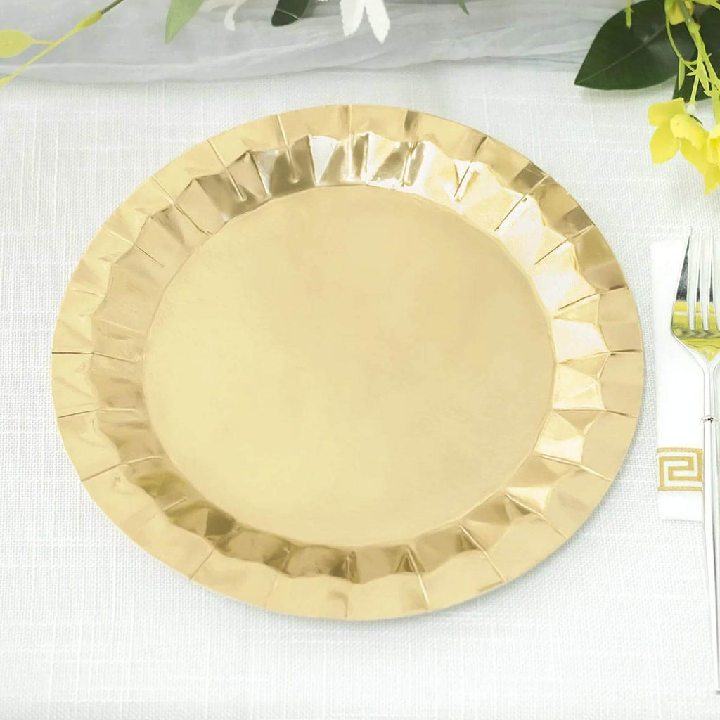 25 - Pack Paper 9" Round Dinner Plates in Metallic Gold with Geometric Prism Rim - Disposable 400GSM Party Plates for Banquets & Celebrations - Bell Racket Store