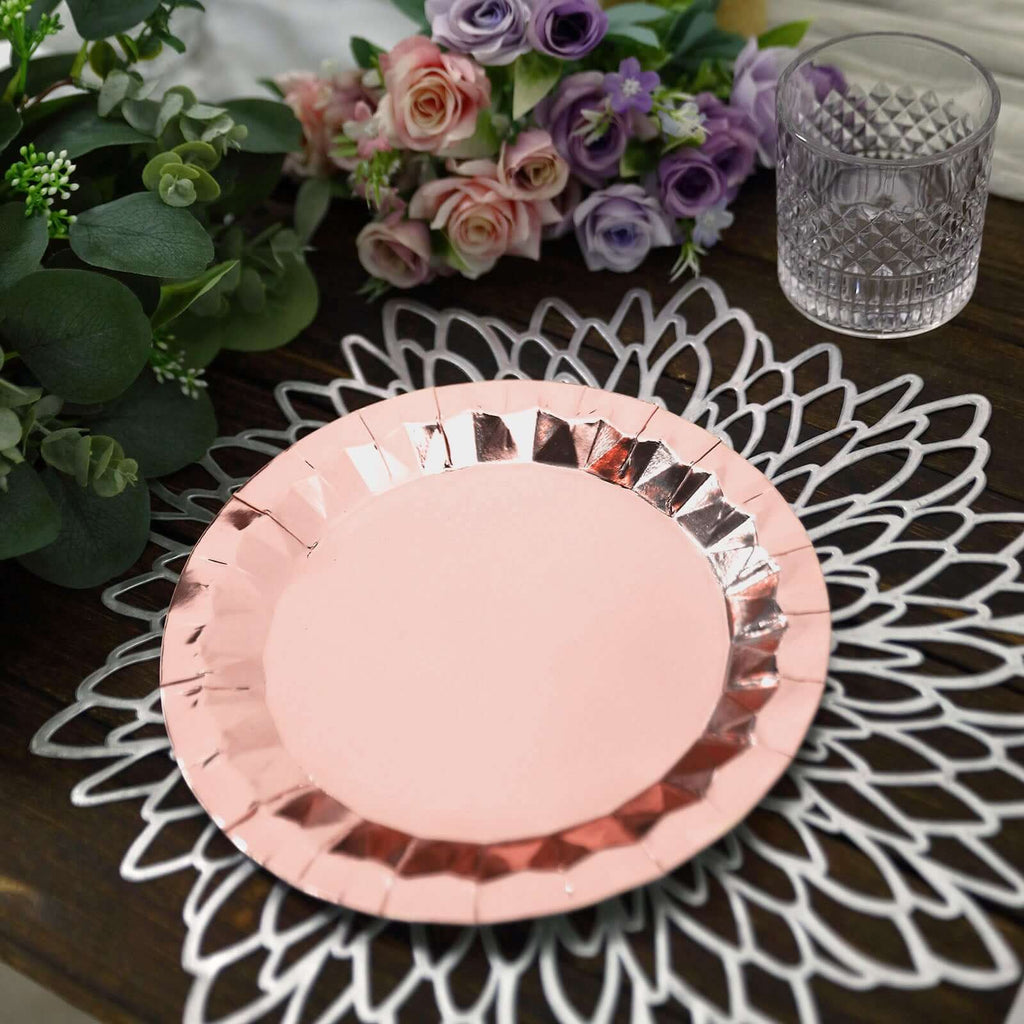 25 - Pack Paper 9" Round Dinner Plates in Metallic Rose Gold with Geometric Prism Rim - Disposable 400GSM Party Plates - Bell Racket Store