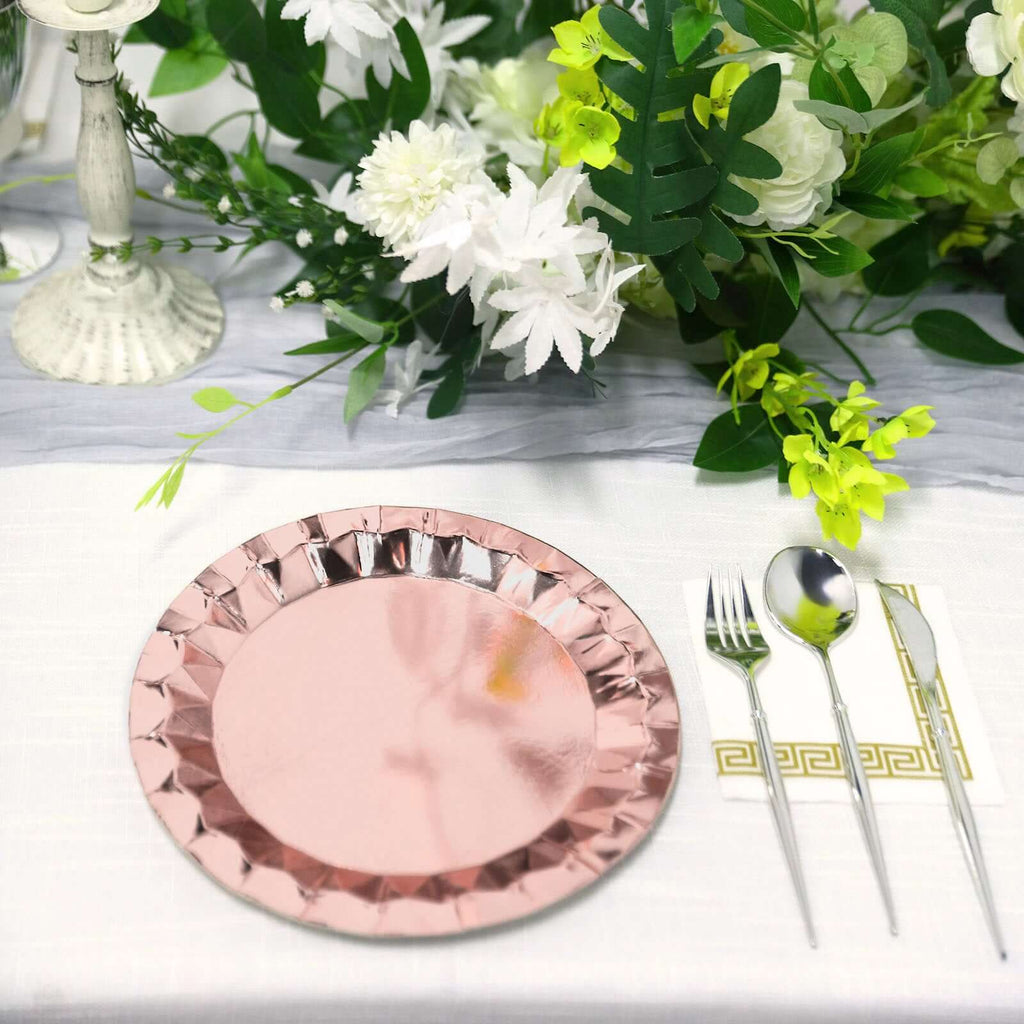 25 - Pack Paper 9" Round Dinner Plates in Metallic Rose Gold with Geometric Prism Rim - Disposable 400GSM Party Plates - Bell Racket Store