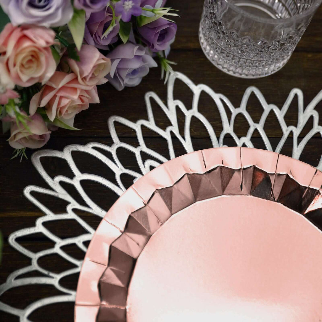 25 - Pack Paper 9" Round Dinner Plates in Metallic Rose Gold with Geometric Prism Rim - Disposable 400GSM Party Plates - Bell Racket Store