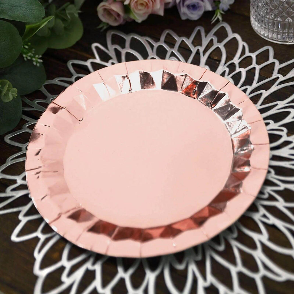 25 - Pack Paper 9" Round Dinner Plates in Metallic Rose Gold with Geometric Prism Rim - Disposable 400GSM Party Plates - Bell Racket Store