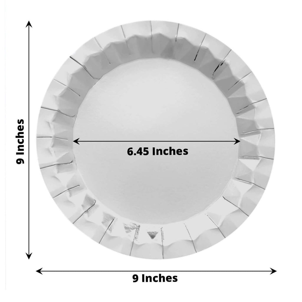 25 - Pack Paper 9" Round Dinner Plates in Metallic Silver with Geometric Prism Rim - Disposable 400GSM Party Plates - Bell Racket Store